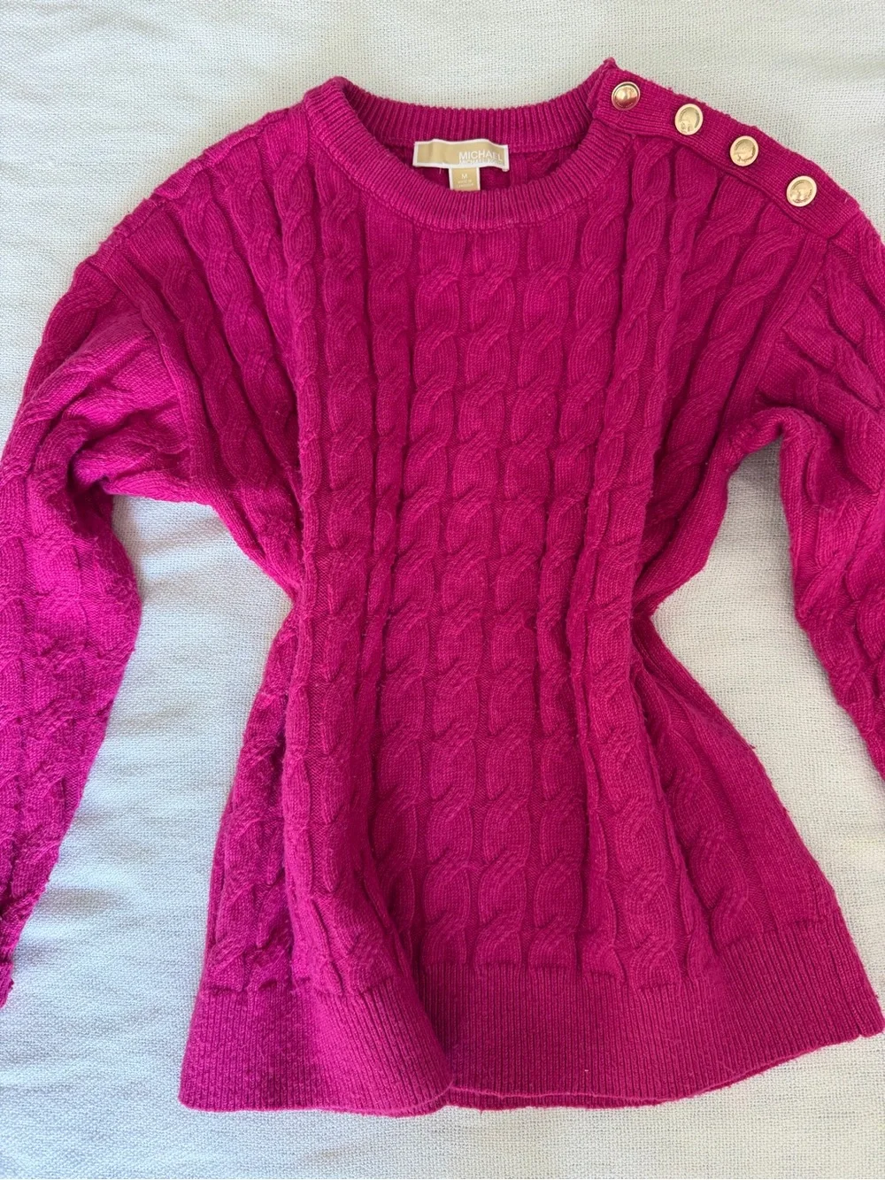 Michael Kors Fuchsia Cable-Knit Crew Sweater with Gold Shoulder Buttons